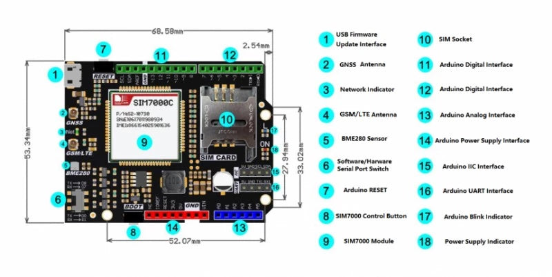 DFRobot SIM7000 Arduino NB-IoT LTE GPRS Expansion Shield